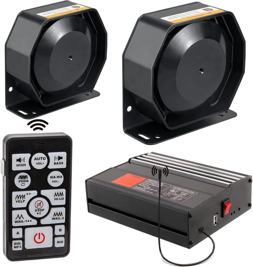 BooYu 12V 400W 37 Tones Police Warning Emergency Siren PA System [2 x Slim Speaker][Wireless Remote Handheld Microphone][2 x 10A Switches] for Firefighter Ambulance Vehicles Truck Car SUV ATV UTV