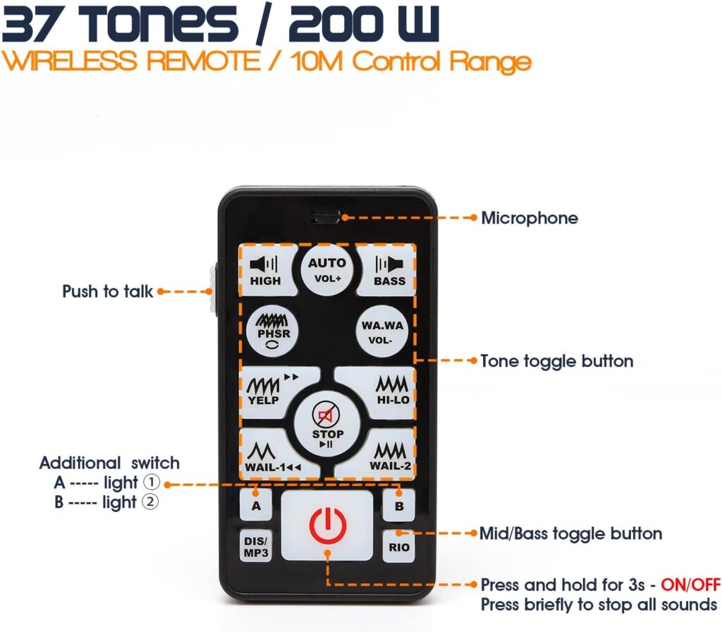 BooYu 12V 400W 37 Tones Police Warning Emergency Siren PA System [2 x Slim Speaker][Wireless Remote Handheld Microphone][2 x 10A Switches] for Firefighter Ambulance Vehicles Truck Car SUV ATV UTV