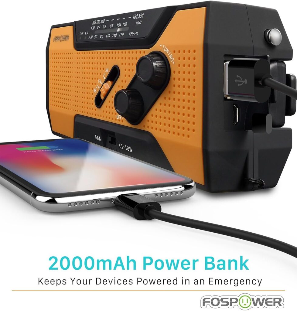 FosPower 2000mAh NOAA Emergency Weather Radio (Model A1) Portable Power Bank with Solar Charging, Hand Crank  Battery Operated, SOS Alarm, AM/FM  LED Flashlight for Outdoor Emergency