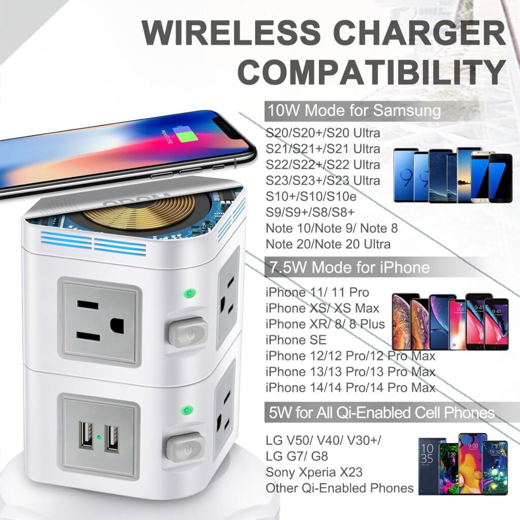 Power Strips Surge Protector, ODOM Power Strip Tower with Fast Wireless Charger, 4 USB Ports + 6 Widely Outlets + 6 Feet Retractable Extension Cord, Multiple Plug Outlet Charging Tower for Home Office