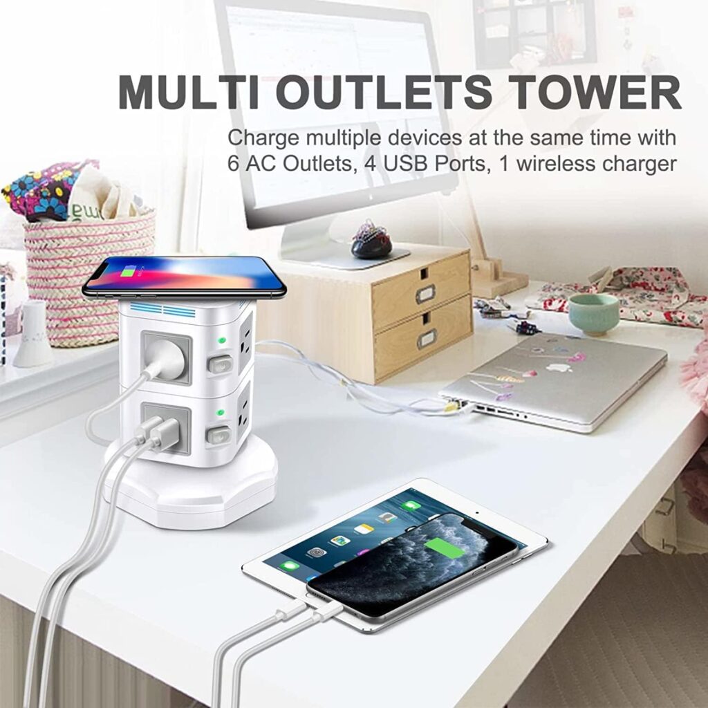 Power Strips Surge Protector, ODOM Power Strip Tower with Fast Wireless Charger, 4 USB Ports + 6 Widely Outlets + 6 Feet Retractable Extension Cord, Multiple Plug Outlet Charging Tower for Home Office