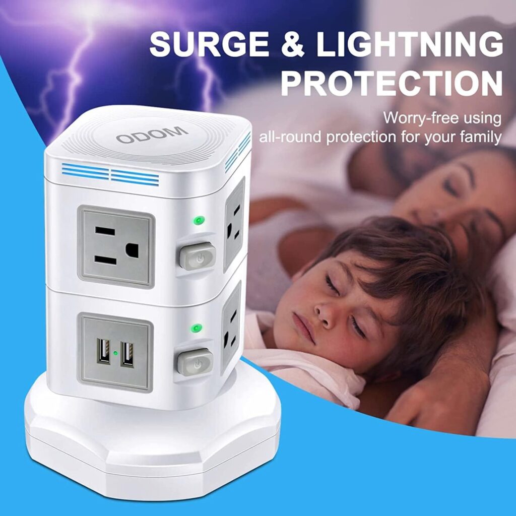 Power Strips Surge Protector, ODOM Power Strip Tower with Fast Wireless Charger, 4 USB Ports + 6 Widely Outlets + 6 Feet Retractable Extension Cord, Multiple Plug Outlet Charging Tower for Home Office